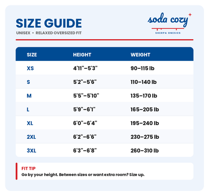 Soda Cozy Sherpa Onesie size guide